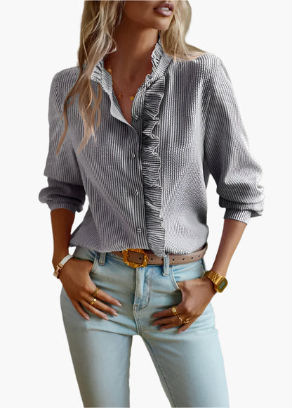 Women's Ruffle Button-Down Casual Shirt – Elegant Everyday Blouse