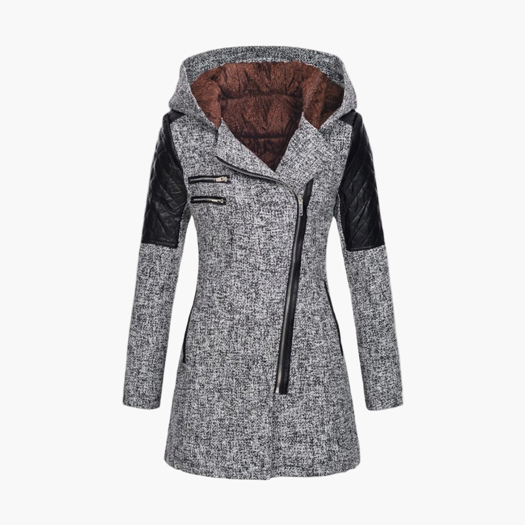 Women's Hooded Asymmetrical Zip Tweed Coat – Modern Winter Outerwear