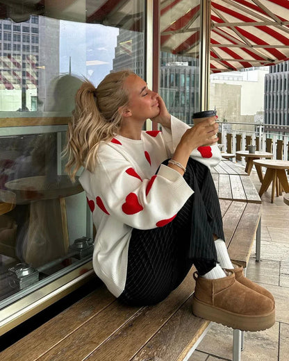 Women's Oversized Heart Print Cozy Lounge Sweater – Cute & Comfy Style