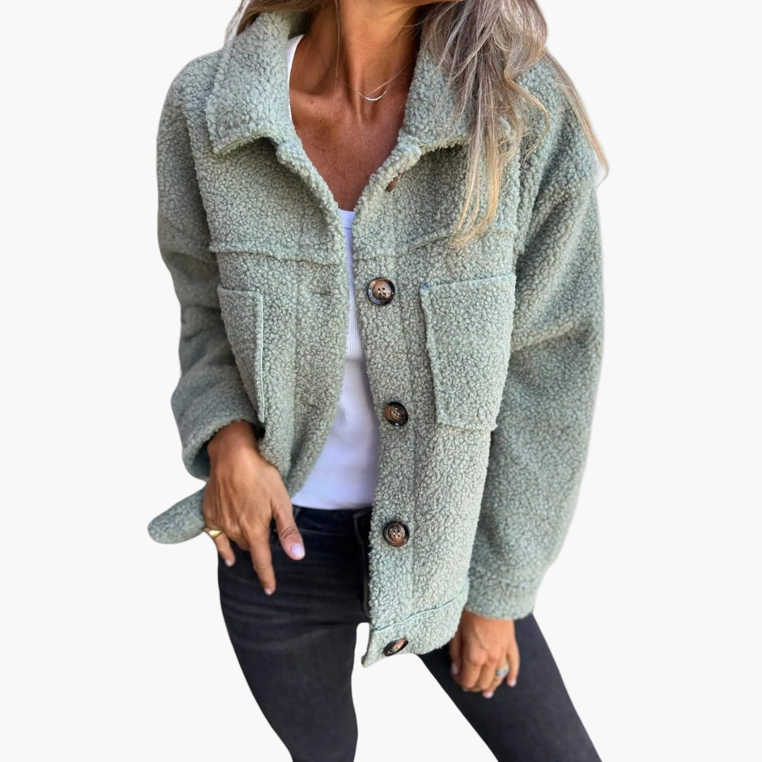 Women's Cozy Sherpa Button-Up Casual Jacket - Oversized Teddy Fleece Style