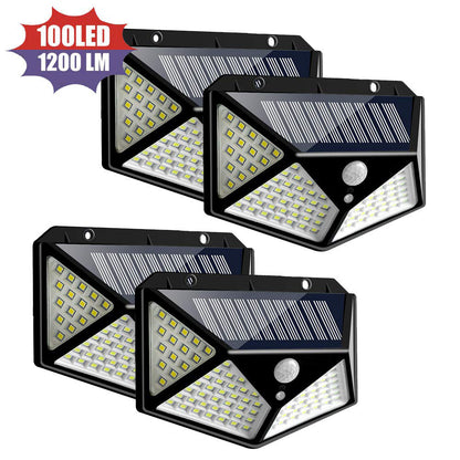 100 LED Zonne-wandlamp – 1200LM, Bewegingssensor, 4-Zijdig Breedlicht, IP65 Waterdicht Buitenlamp