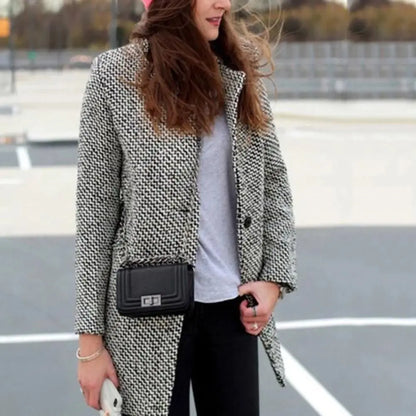 Women's Classic Mid-Length Houndstooth Coat - Elegant Buttoned Overcoat for Fall and Winter