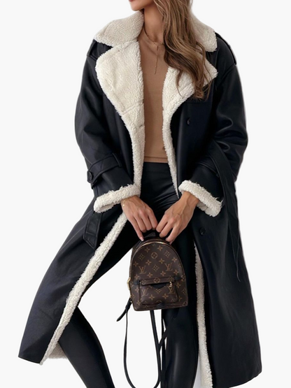 Women's Elegant Double-Breasted Long Coat with Faux Fur Collar – Chic Winter Outerwear