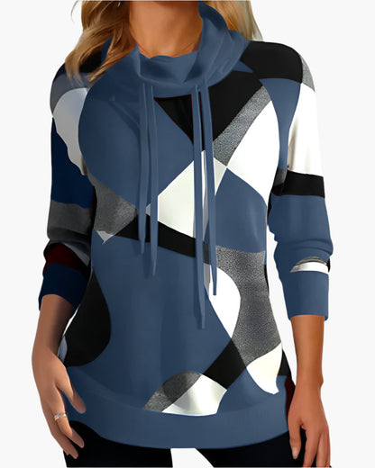 Women's Modern Color Block Casual Pullover Top with Cowl Neck and Drawstrings