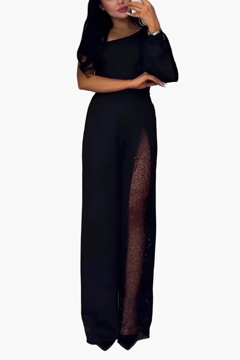 Women's One-Shoulder Wide Leg Jumpsuit with Sheer Panel – Elegant Party & Evening Wear