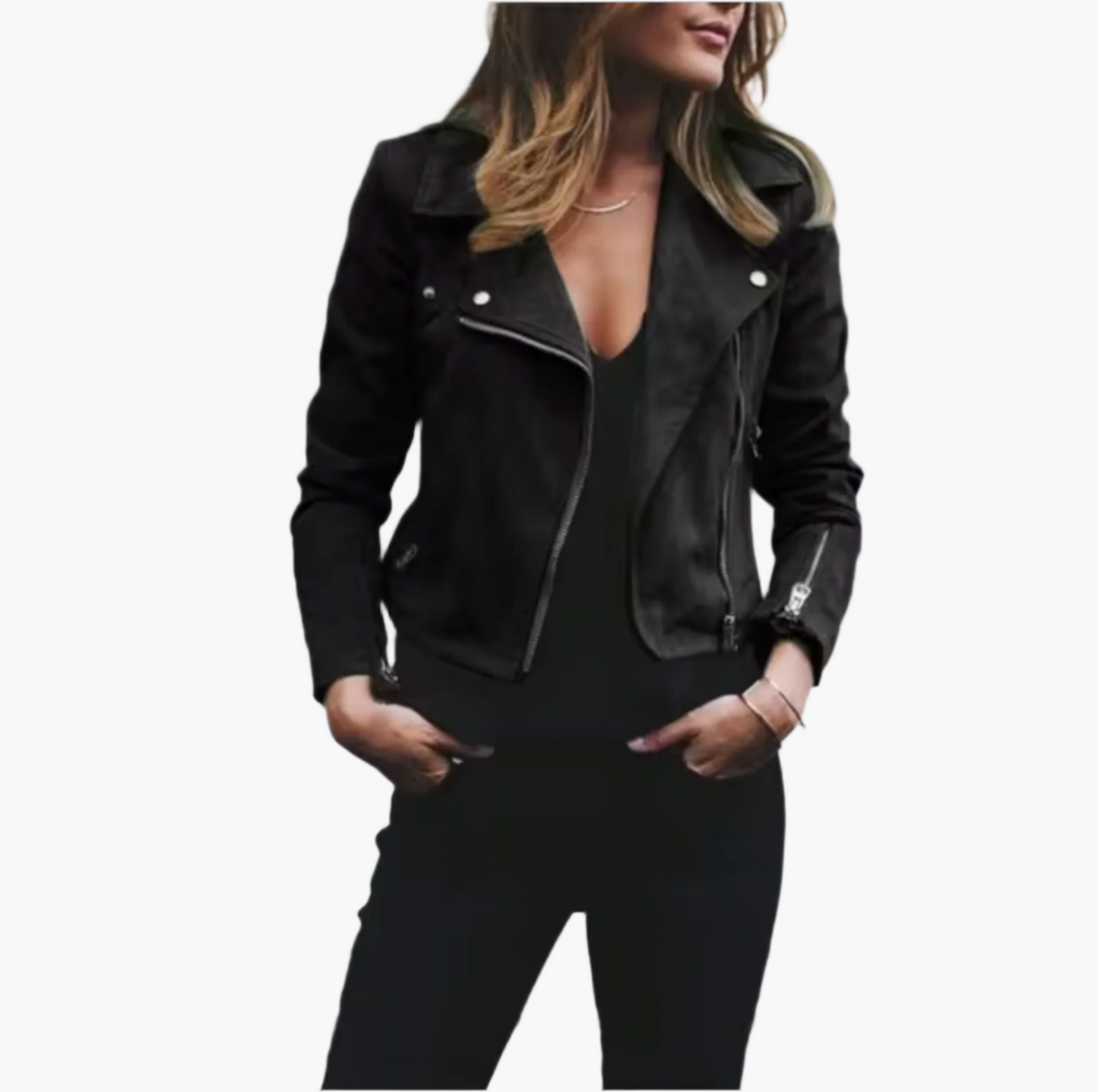 Women's Cropped Biker Jacket - Modern Casual Street Style