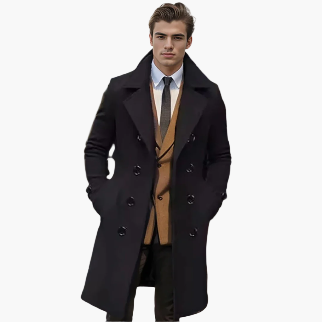 Men's Modern Double-Breasted Long Trench Coat for Business & Casual Style