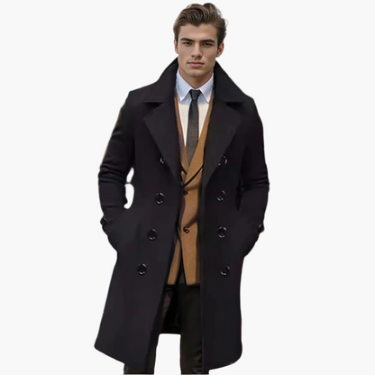 Men's Modern Double-Breasted Long Trench Coat for Business & Casual Style
