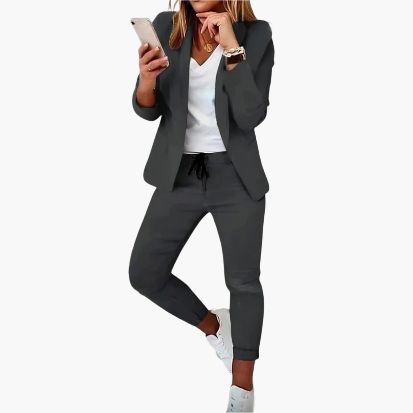 Women's Business Casual Blazer and Jogger Pants Set – Modern Office Lounge Outfit