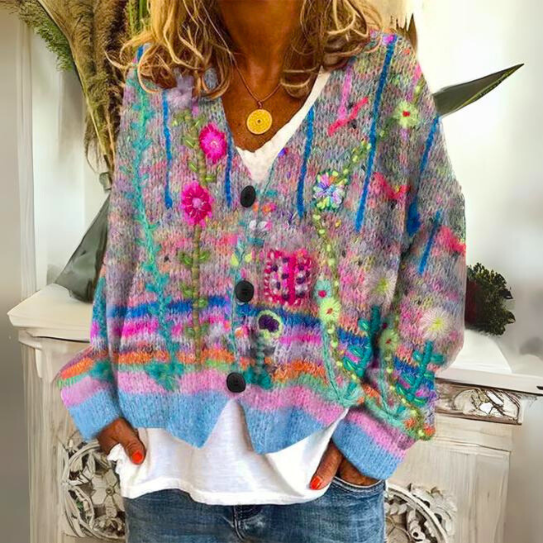 Women's Artistic Boho Knit Cardigan Sweater - Casual Colorful Button-Front Style
