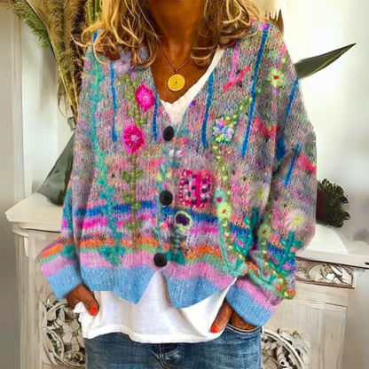 Women's Artistic Boho Knit Cardigan Sweater - Casual Colorful Button-Front Style