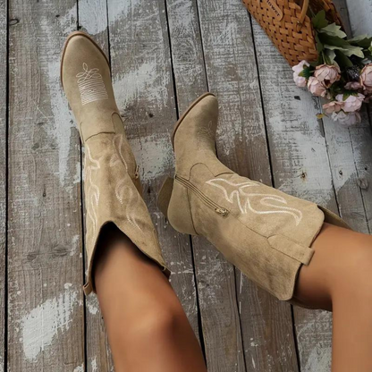 Women's Western Knee-High Cowboy Boots with Embroidered Detail and Block Heel