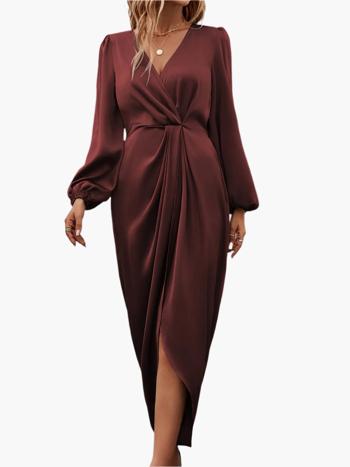 Women's Elegant Ruched Waist Formal Wrap Dress – Long Sleeve Cocktail & Evening Gown