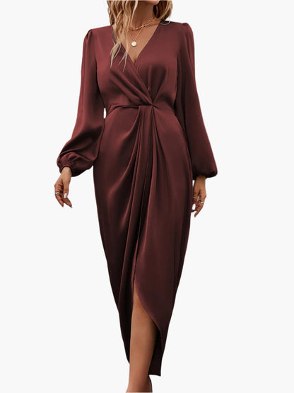Women's Elegant Ruched Waist Formal Wrap Dress – Long Sleeve Cocktail & Evening Gown