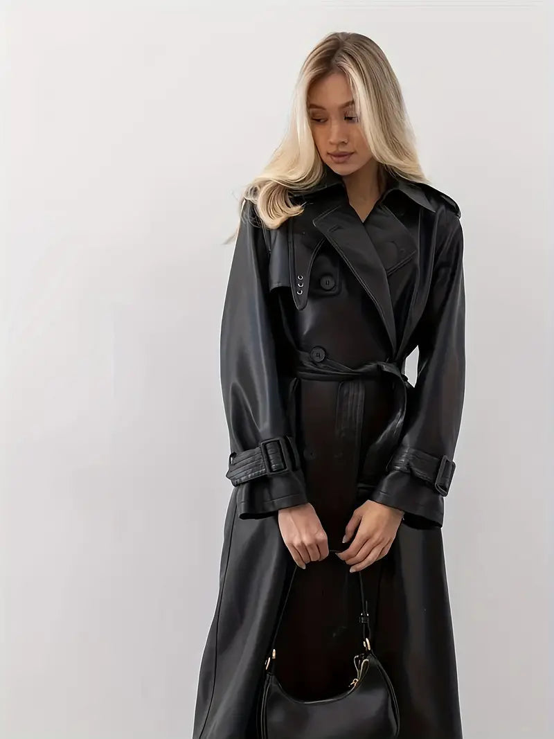 Women's Long Trench Coat with Wide Lapels and Waist Belt – Elegant Double-Breasted Style for Fall Winter