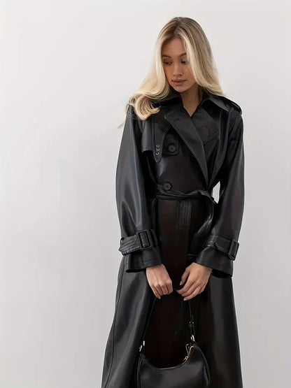 Women's Long Trench Coat with Wide Lapels and Waist Belt – Elegant Double-Breasted Style for Fall Winter