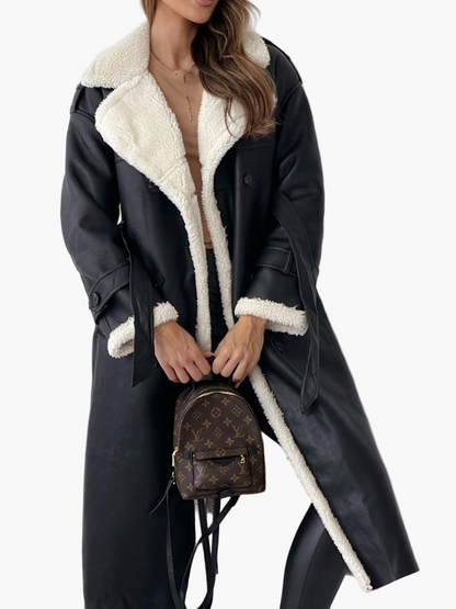 Women's Elegant Double-Breasted Long Coat with Faux Fur Collar – Chic Winter Outerwear