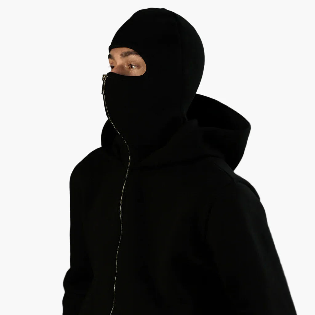 Men's Minimalist Full-Zip Hoodie with Integrated Face Cover – Urban Streetwear Style