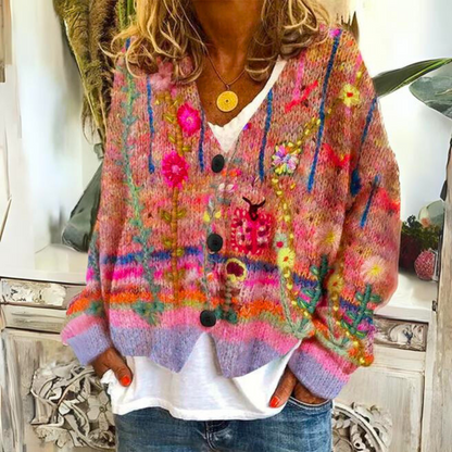 Women's Artistic Boho Knit Cardigan Sweater - Casual Colorful Button-Front Style