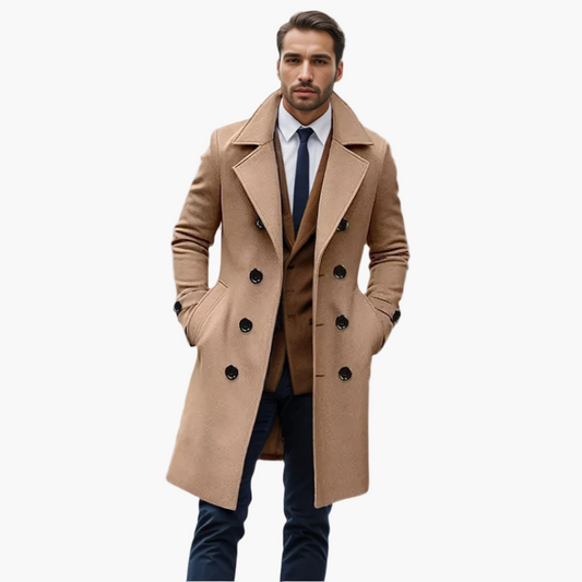Men's Modern Double-Breasted Long Trench Coat for Business & Casual Style