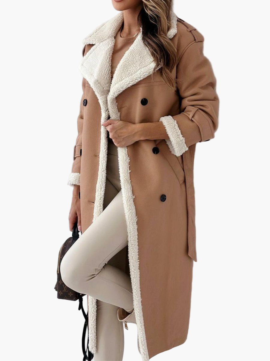 Women's Elegant Double-Breasted Long Coat with Faux Fur Collar – Chic Winter Outerwear