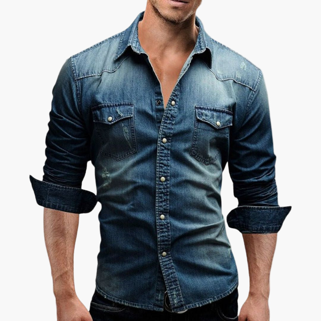 Men's Western Denim Snap Button Shirt - Classic Casual Style