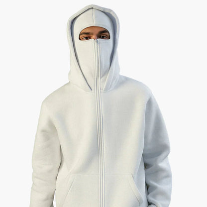 Men's Minimalist Full-Zip Hoodie with Integrated Face Cover – Urban Streetwear Style