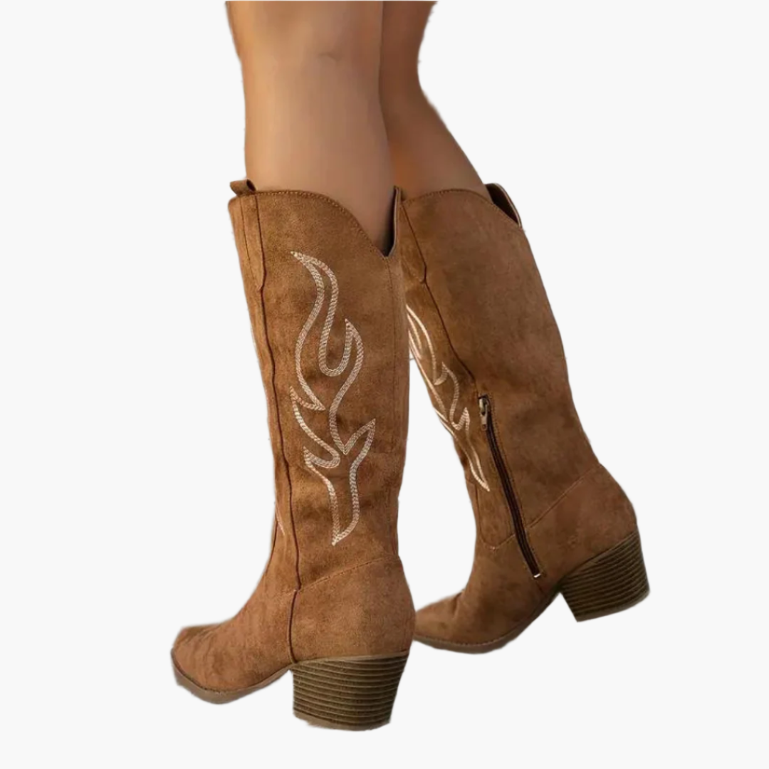 Women's Western Knee-High Cowboy Boots with Embroidered Detail and Block Heel