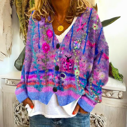 Women's Artistic Boho Knit Cardigan Sweater - Casual Colorful Button-Front Style