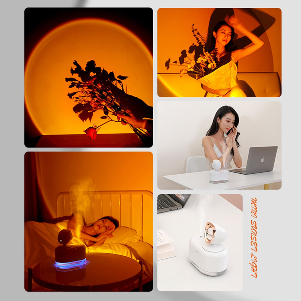 Elowen – 2 In 1 Mini Draadloze Zonsopgang Lamp Luchtbevochtiger 300ML Mistmaker voor Thuisdecoratie