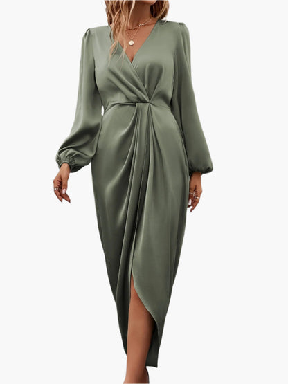 Women's Elegant Ruched Waist Formal Wrap Dress – Long Sleeve Cocktail & Evening Gown