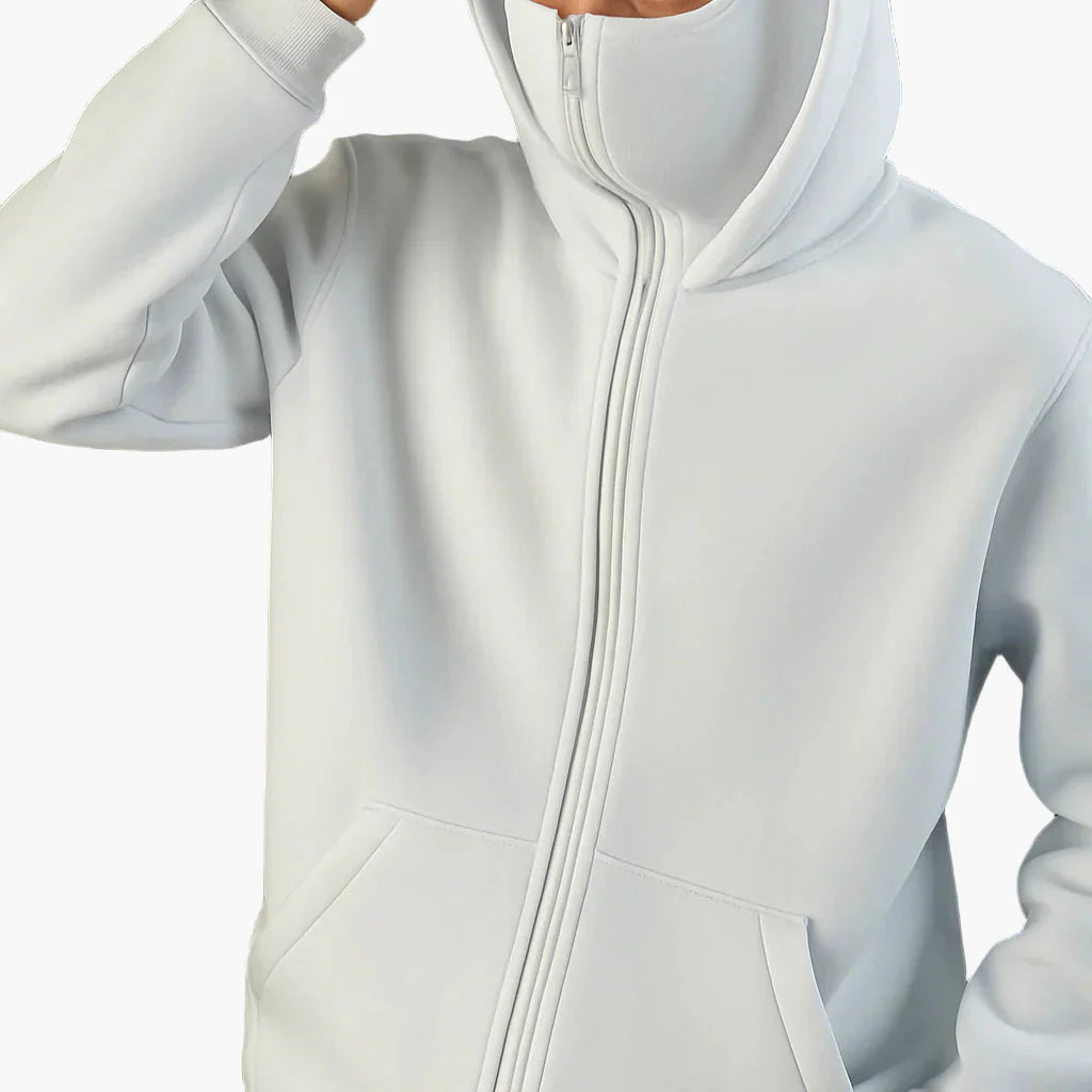Men's Minimalist Full-Zip Hoodie with Integrated Face Cover – Urban Streetwear Style