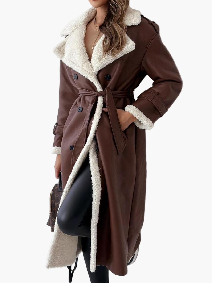 Women's Elegant Double-Breasted Long Coat with Faux Fur Collar – Chic Winter Outerwear