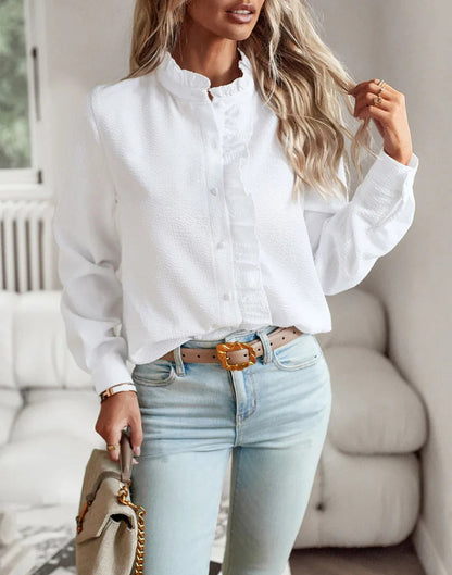 Women's Ruffle Button-Down Casual Shirt – Elegant Everyday Blouse