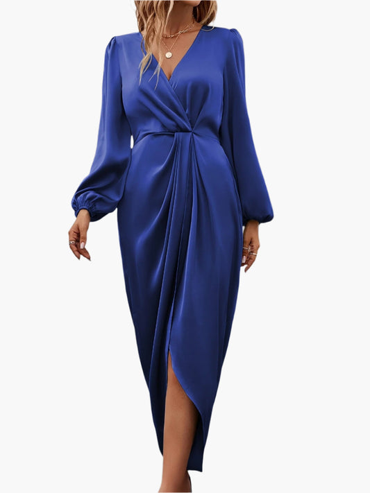 Women's Elegant Ruched Waist Formal Wrap Dress – Long Sleeve Cocktail & Evening Gown