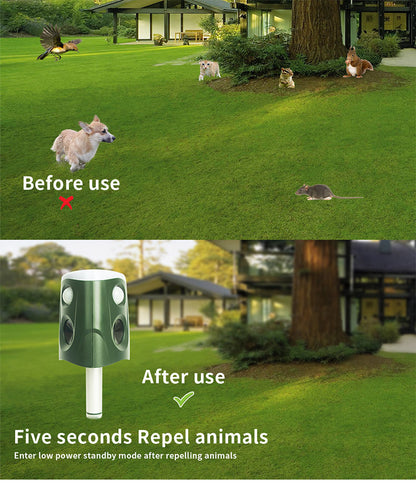 360° Dierenverjager op Zonne-energie en USB – Ultrasone Bewegingssensor met PIR Detectie, IP55 Waterdicht