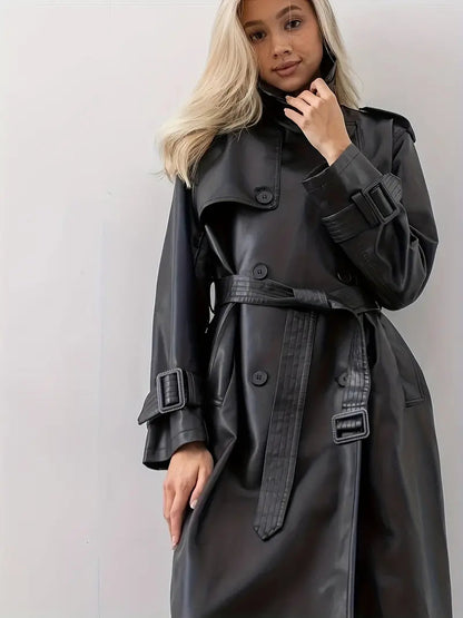 Women's Long Trench Coat with Wide Lapels and Waist Belt – Elegant Double-Breasted Style for Fall Winter