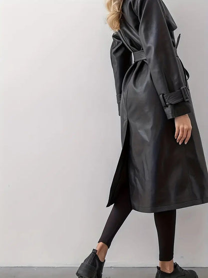 Women's Long Trench Coat with Wide Lapels and Waist Belt – Elegant Double-Breasted Style for Fall Winter