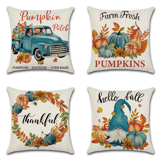 Celeste – Linnen Kussenhoes met Pompoen Cartoon Auto voor Thanksgiving Krans