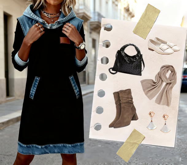 Women's Casual Denim Accent Hoodie Dress – Relaxed Everyday Wear