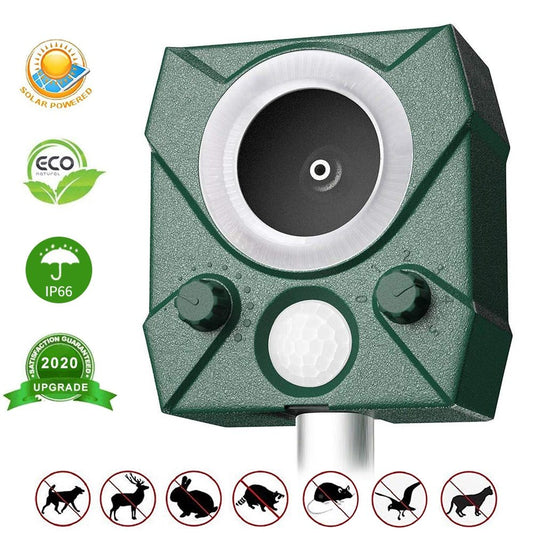 Zonne-energie Ultrasone Dierenverjager – Bewegingssensor | Waterdicht IP66 | USB & Zonnepaneel | Tot 9M Bereik | Voor Tuin, Gazon, Boerderij