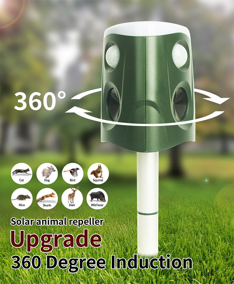360° Dierenverjager op Zonne-energie en USB – Ultrasone Bewegingssensor met PIR Detectie, IP55 Waterdicht