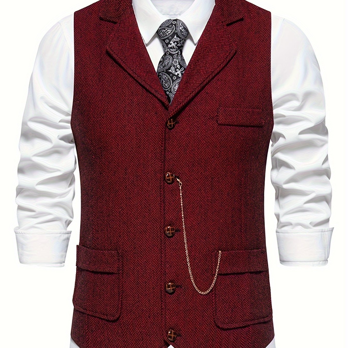 Men's Classic Herringbone Suit Vest with Notched Lapel – Formal & Vintage Style