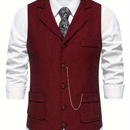 Men's Classic Herringbone Suit Vest with Notched Lapel – Formal & Vintage Style
