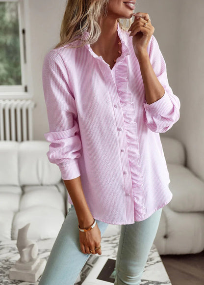 Women's Ruffle Button-Down Casual Shirt – Elegant Everyday Blouse