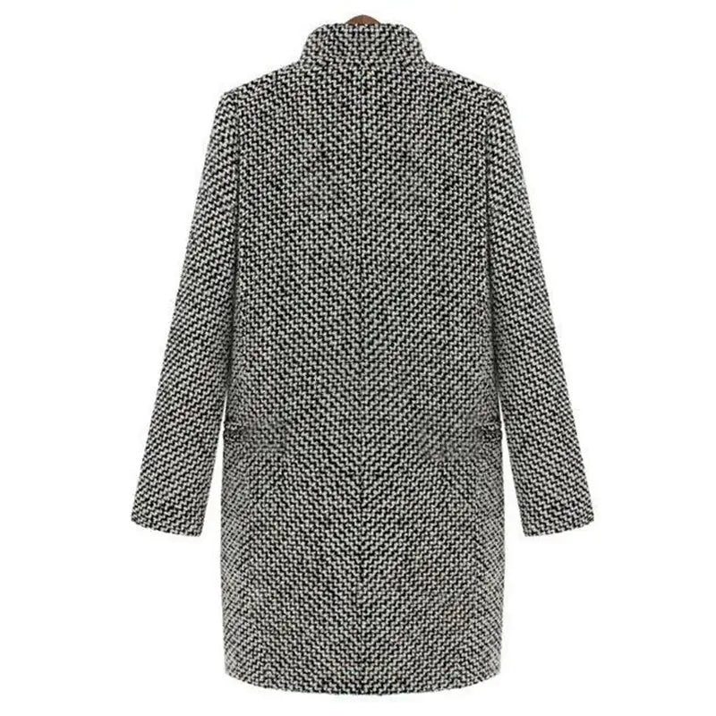 Women's Classic Mid-Length Houndstooth Coat - Elegant Buttoned Overcoat for Fall and Winter