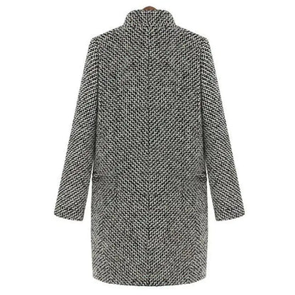 Women's Classic Mid-Length Houndstooth Coat - Elegant Buttoned Overcoat for Fall and Winter