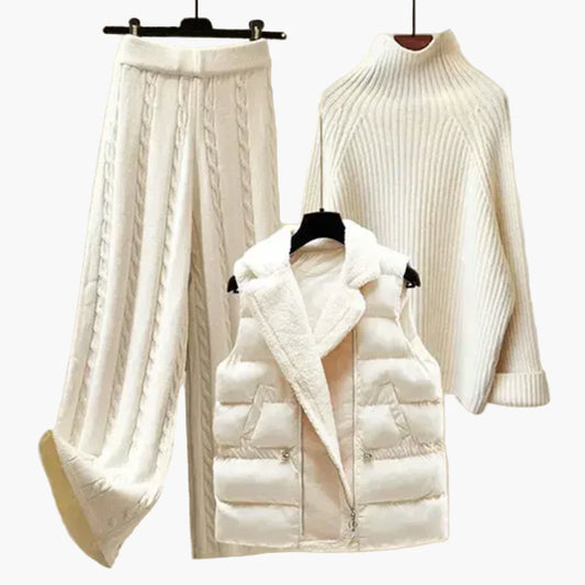 Women's 3-Piece Cozy Winter Knit Lounge Set – Sweater, Pants & Vest – Casual Relaxed Fit for Cold Weather