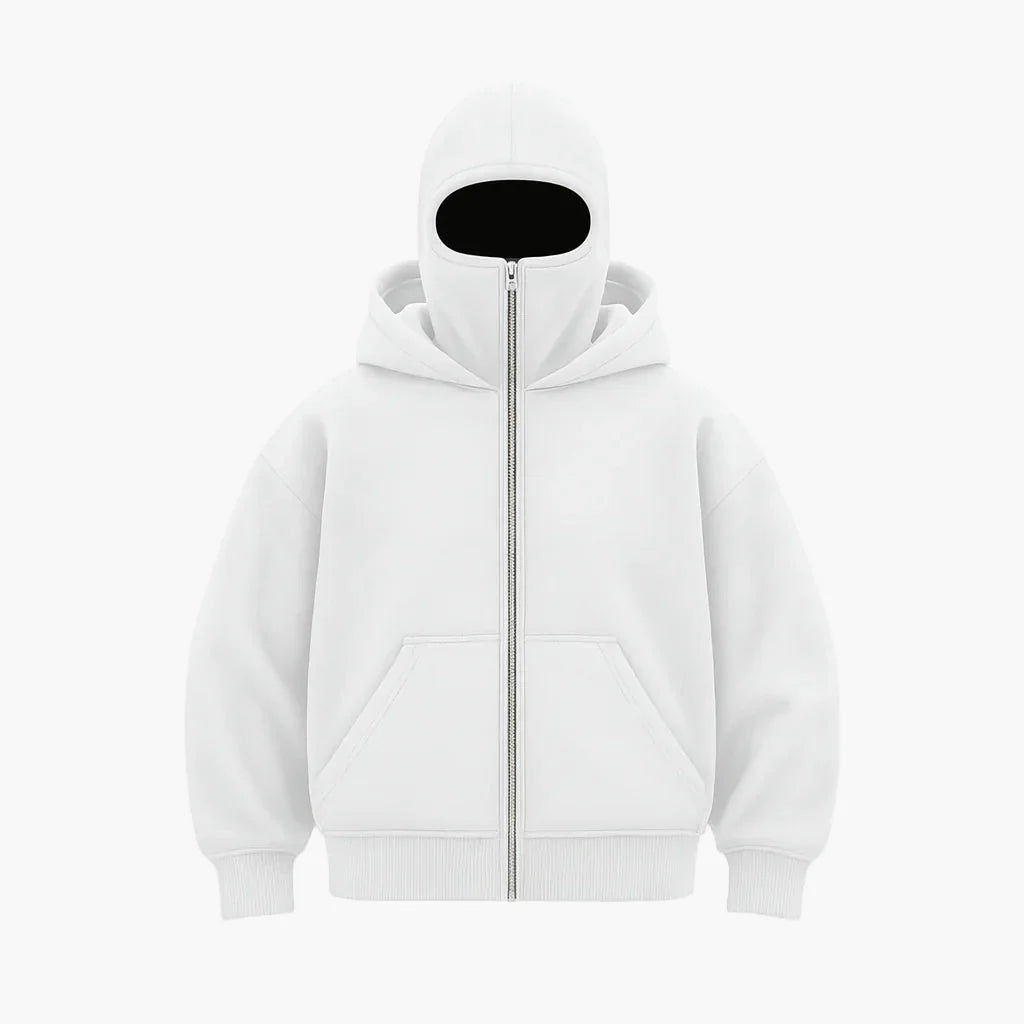 Men's Minimalist Full-Zip Hoodie with Integrated Face Cover – Urban Streetwear Style