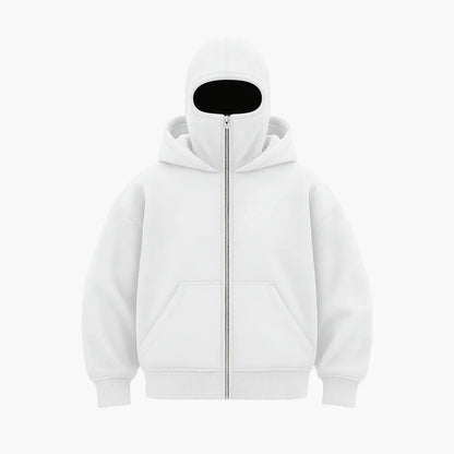 Men's Minimalist Full-Zip Hoodie with Integrated Face Cover – Urban Streetwear Style